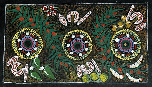 Photo of commisioned artwork by Aboriginal artist, Rachel depicting women gathering food from the land.
