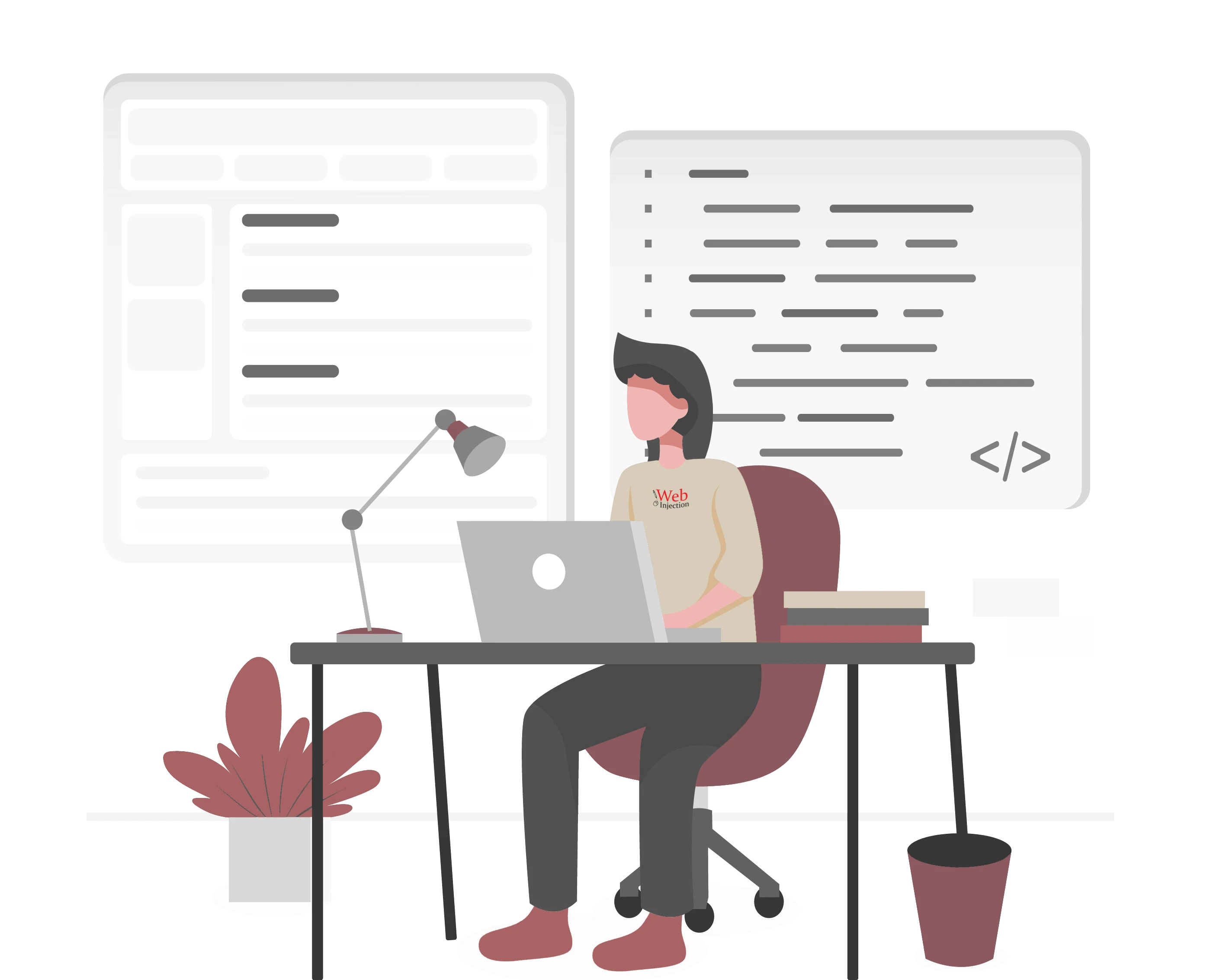 Illustration of woman sitting at a desk coding a medical website